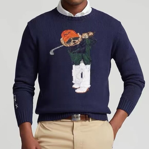 Polo Ralph Lauren Navy blue men's sweater with a bear design for playing golf - Picture 1 of 6